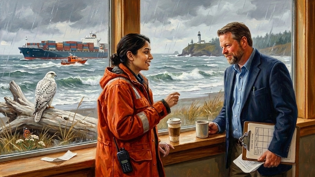 A painting of two people talking at a window above the mouth of the Columbia River in a rainstorm. A woman in an orange float coat with a radio on her belt is mid sentence. A man in a sports coat listens, his clipboard lowered and forgotten at his side. Outside, a container ship waits on the bar while a pilot boat runs out to meet it.